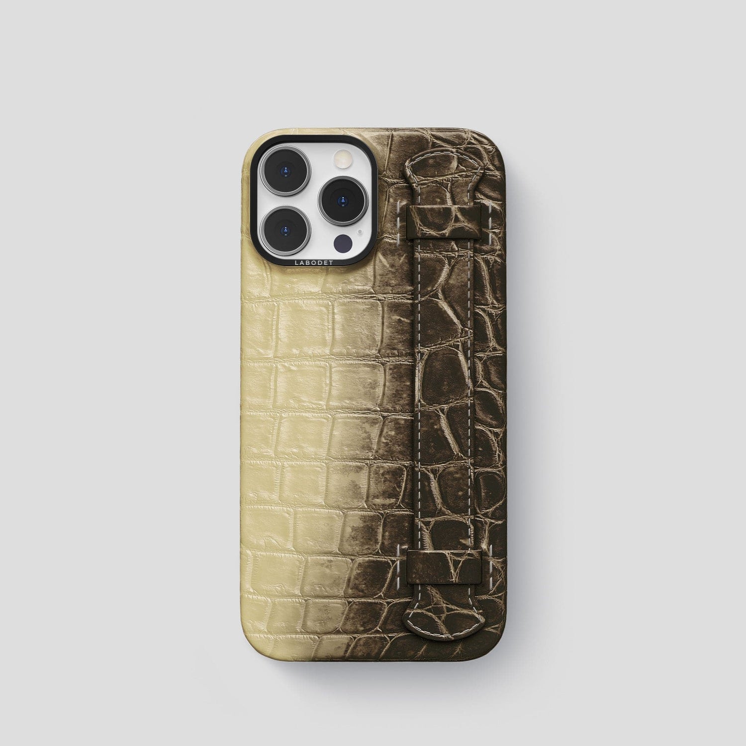 Natural iPhone 14 Pro Handle Case Himalayan Crocodile with Black Metal -1 | Natural-Black