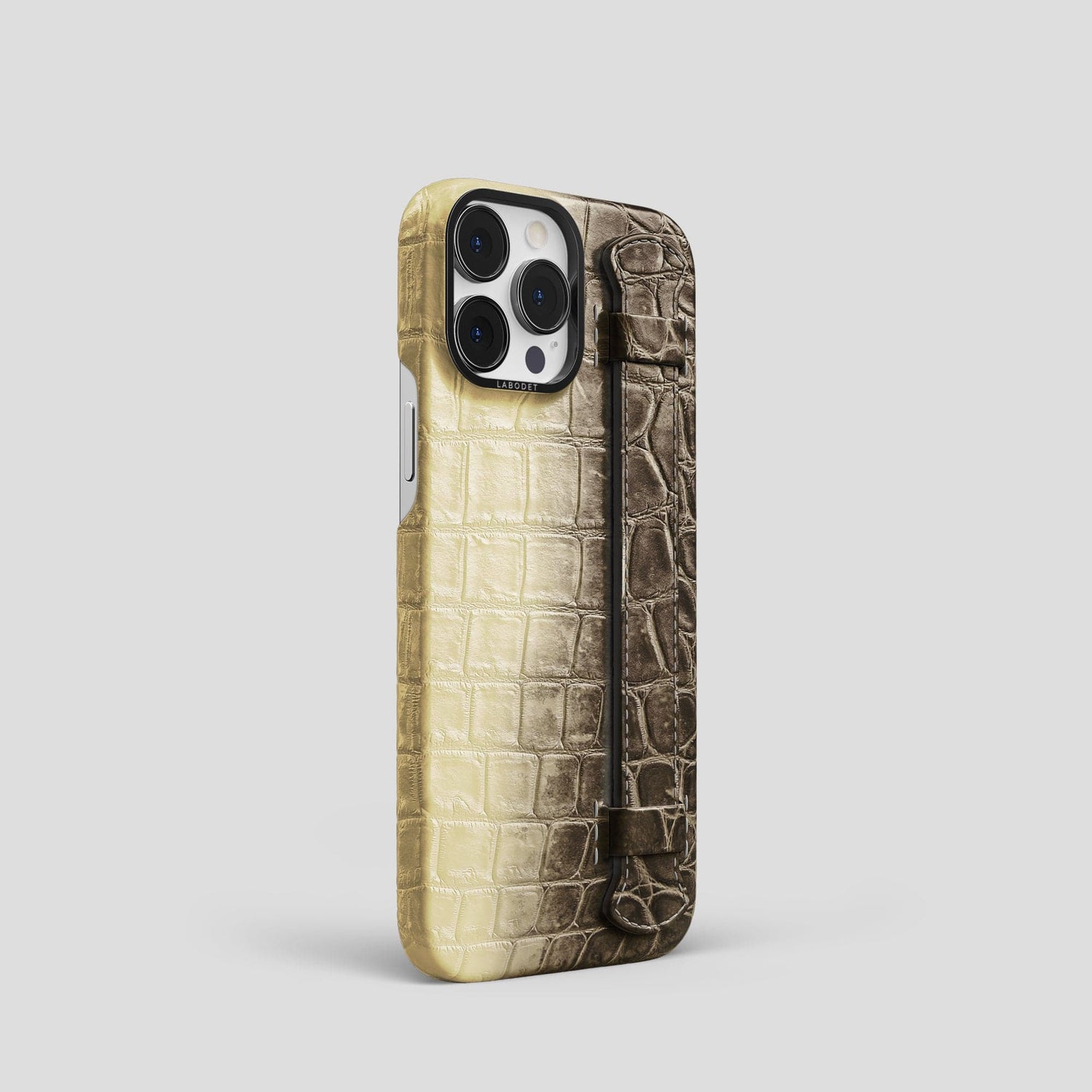 Natural iPhone 14 Pro Handle Case Himalayan Crocodile with Black Metal -2 | Natural-Black