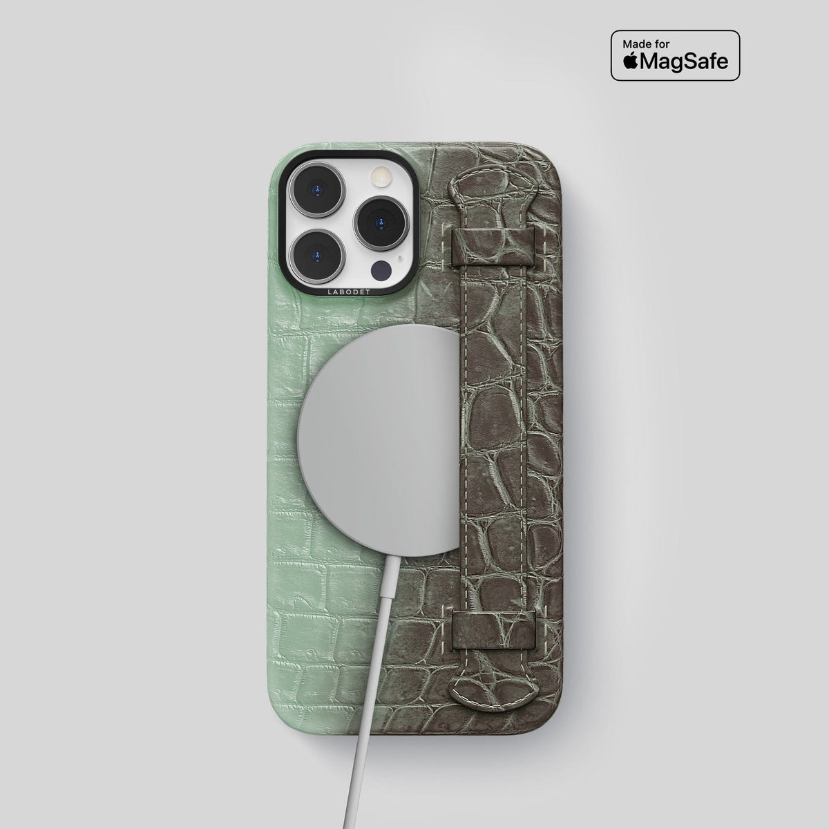 Pistachio iPhone 14 Pro Handle Case Himalayan Crocodile with Black Metal -5 | Pistachio-Black