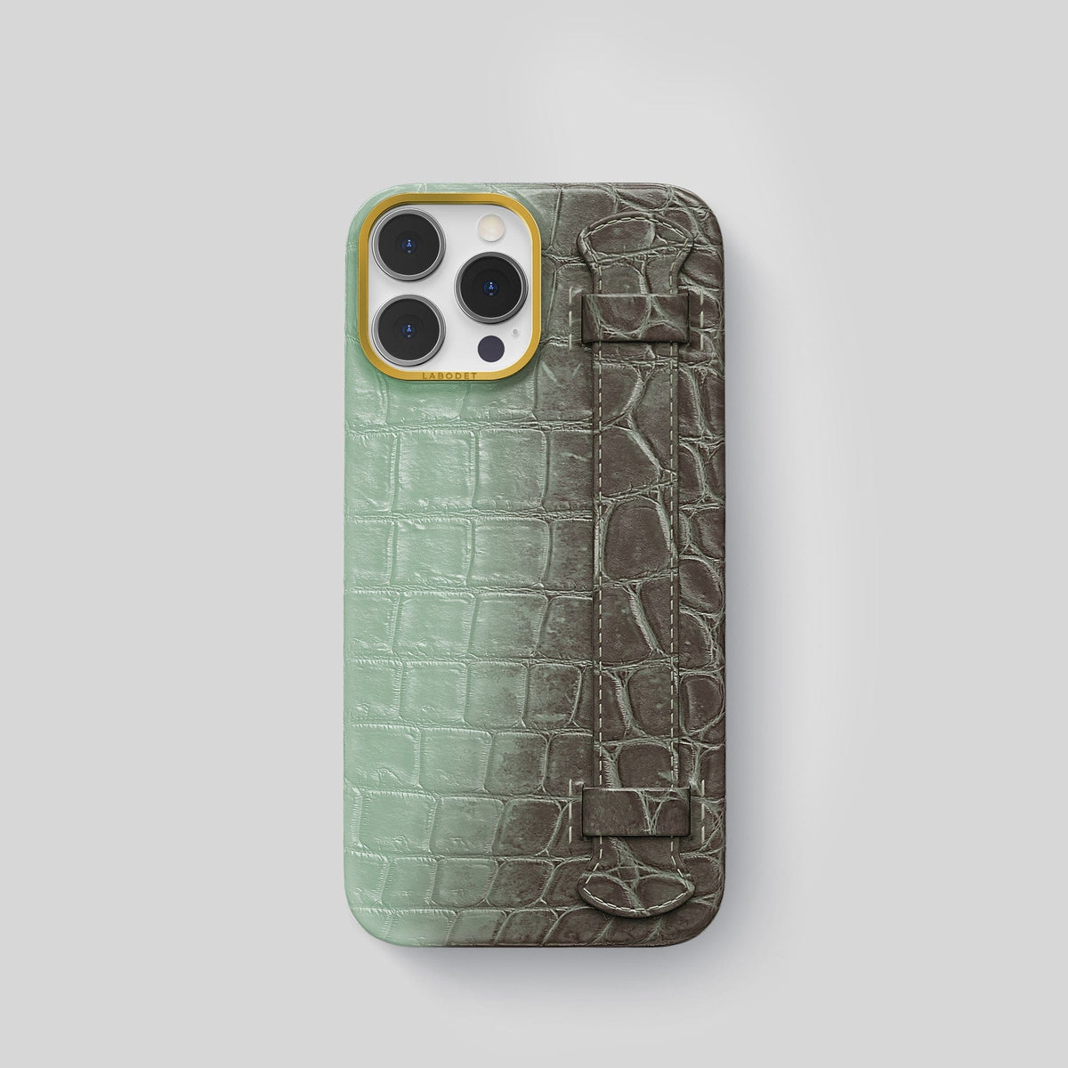 Pistachio iPhone 14 Pro Handle Case Himalayan Crocodile with Gold Metal -1 | Pistachio-Gold