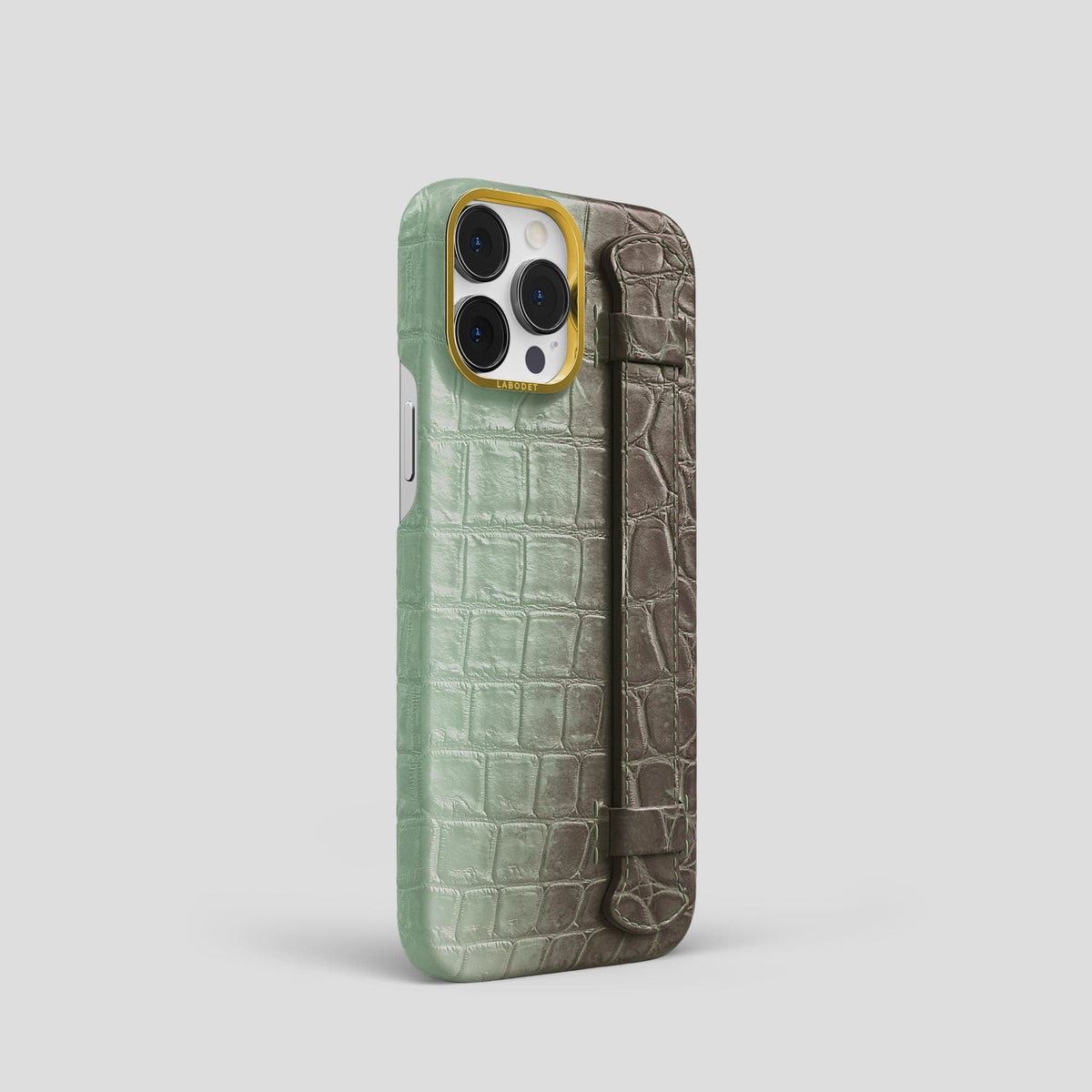 Pistachio iPhone 14 Pro Handle Case Himalayan Crocodile with Gold Metal -2 | Pistachio-Gold