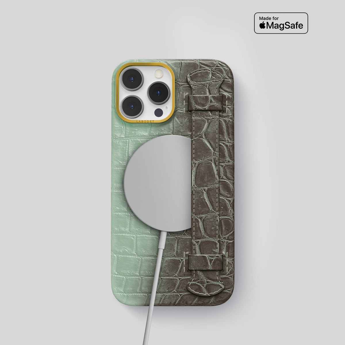 Pistachio iPhone 14 Pro Handle Case Himalayan Crocodile with Gold Metal -5 | Pistachio-Gold