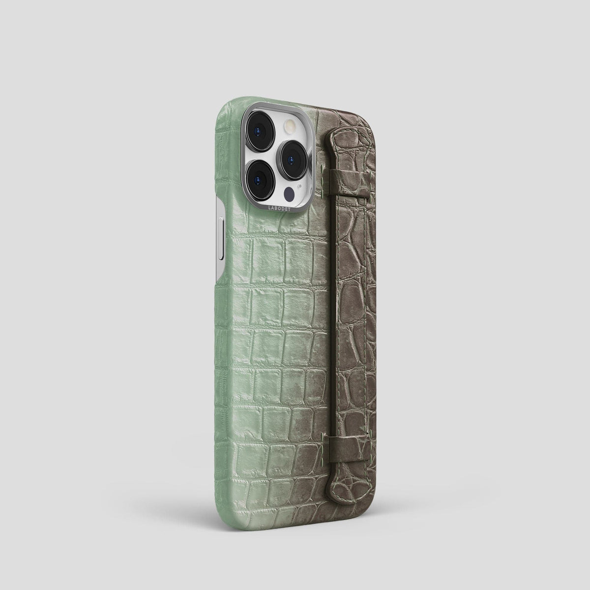 Pistachio iPhone 14 Pro Handle Case Himalayan Crocodile with Steel Metal -2 | Pistachio-Steel