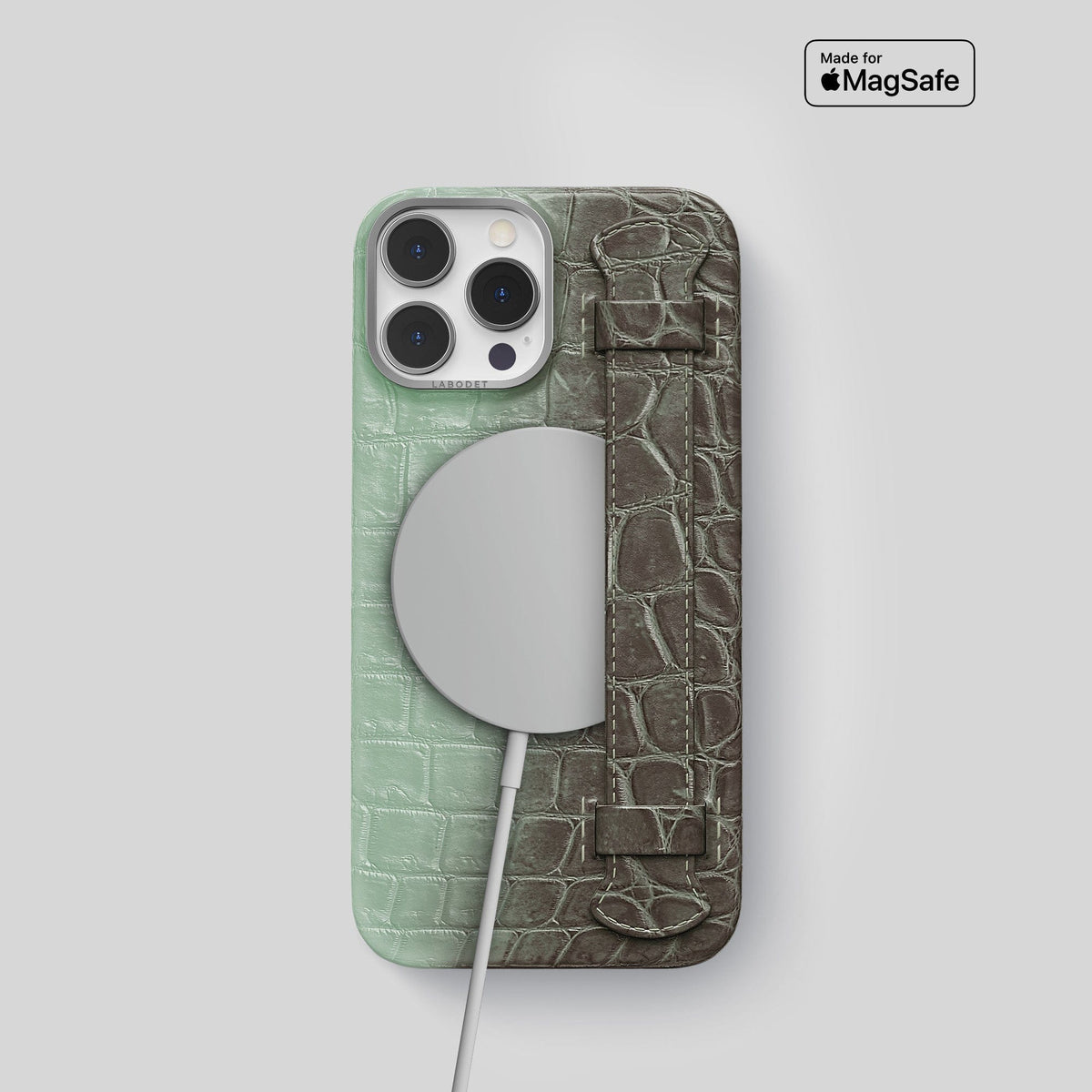 Pistachio iPhone 14 Pro Handle Case Himalayan Crocodile with Steel Metal -5 | Pistachio-Steel