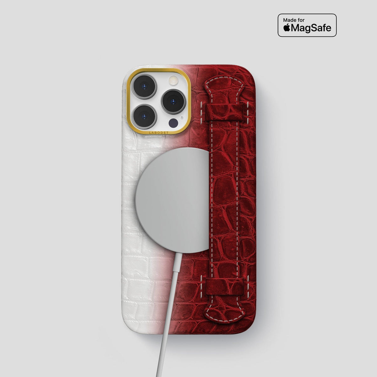 Red iPhone 14 Pro Handle Case Himalayan Crocodile with Gold Metal -5 | Red-Gold