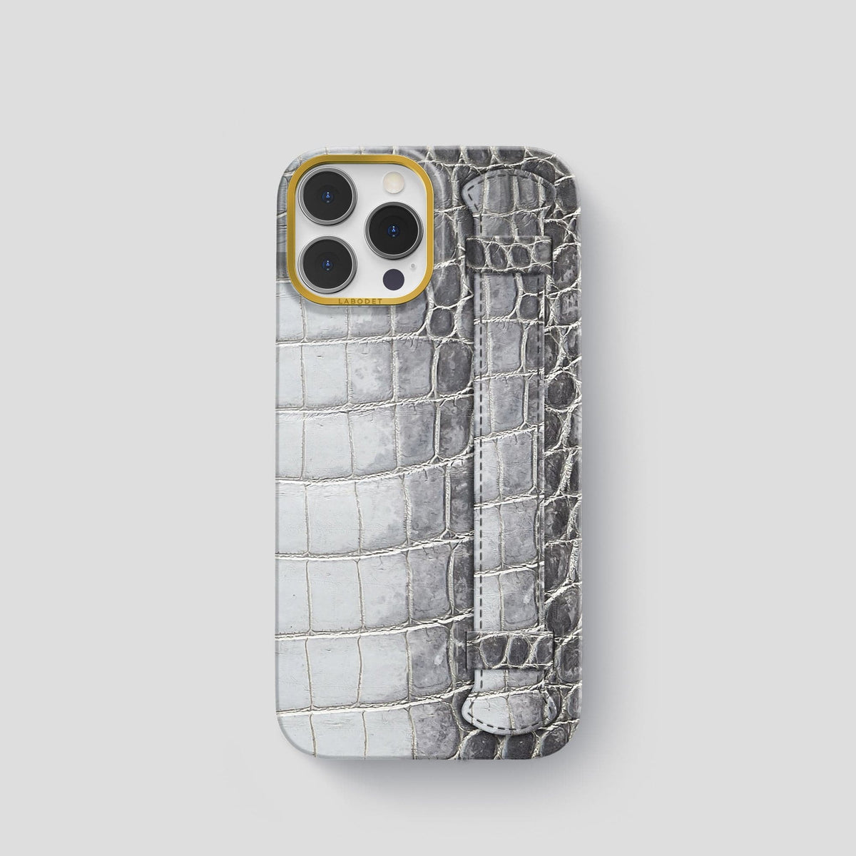 Silver iPhone 14 Pro Handle Case Himalayan Crocodile with Gold Metal -1 | Silver-Gold