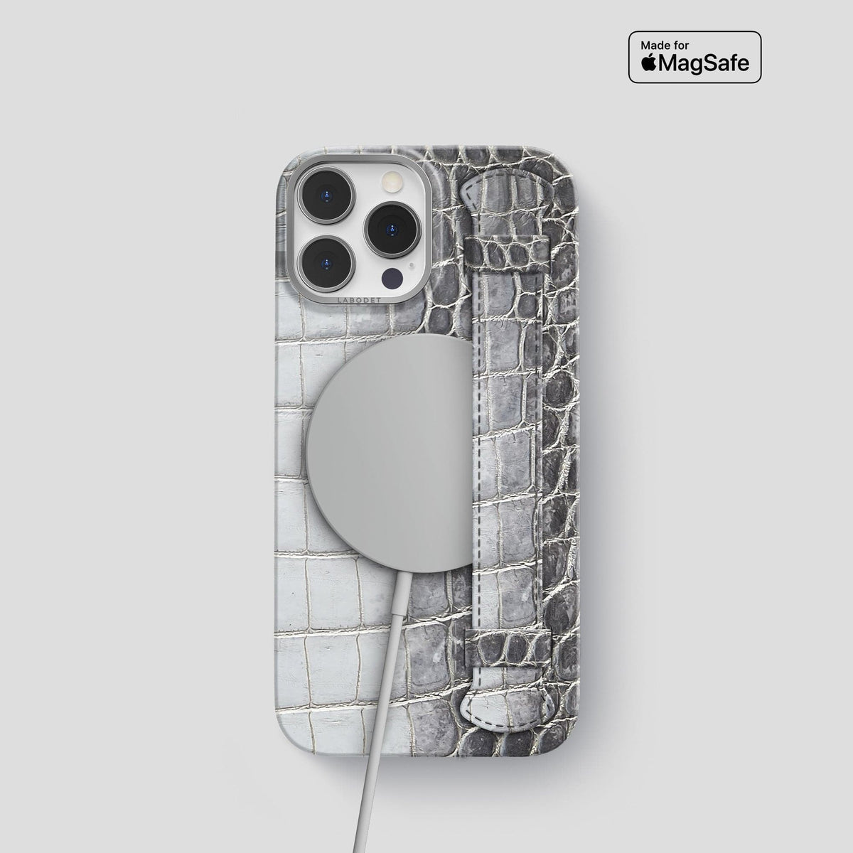 Silver iPhone 14 Pro Handle Case Himalayan Crocodile with Steel Metal -5 | Silver-Steel