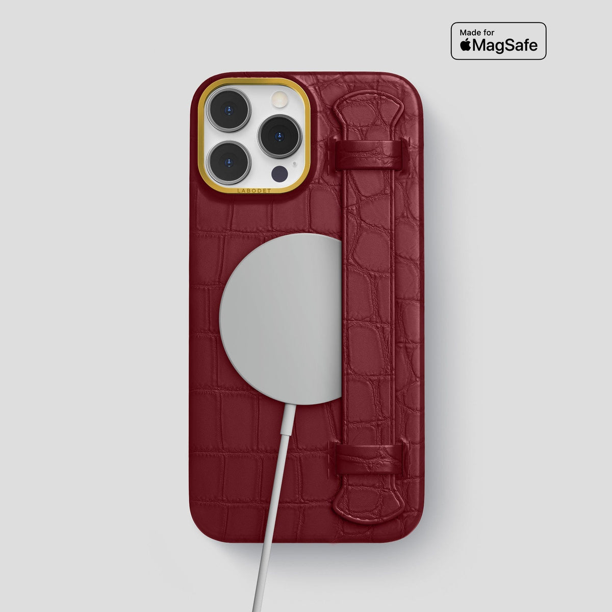 Burgundy iPhone 14 Pro Max Strap Case Alligator with Gold Metal -4 | Burgundy-Gold