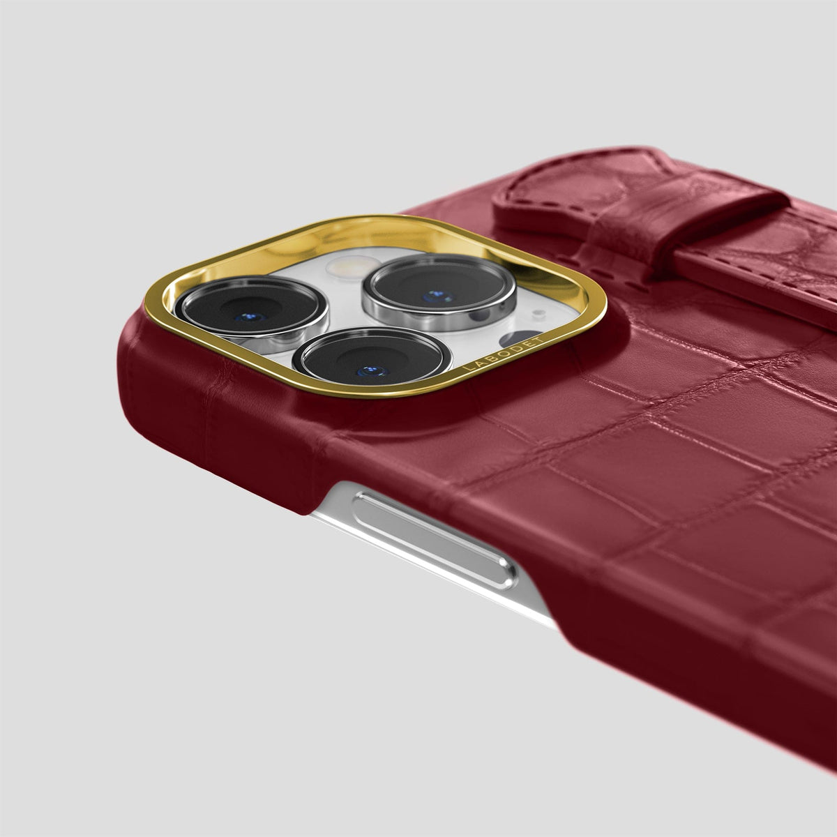 Burgundy iPhone 14 Pro Max Strap Case Alligator with Gold Metal -5 | Burgundy-Gold
