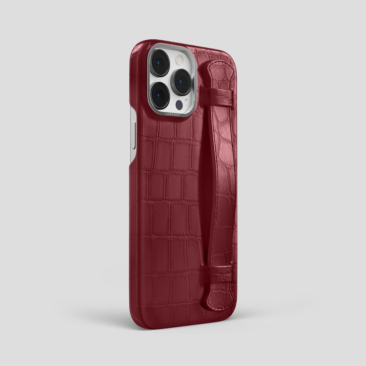 Burgundy iPhone 14 Pro Max Strap Case Alligator with Steel Metal -2 | Burgundy-Steel