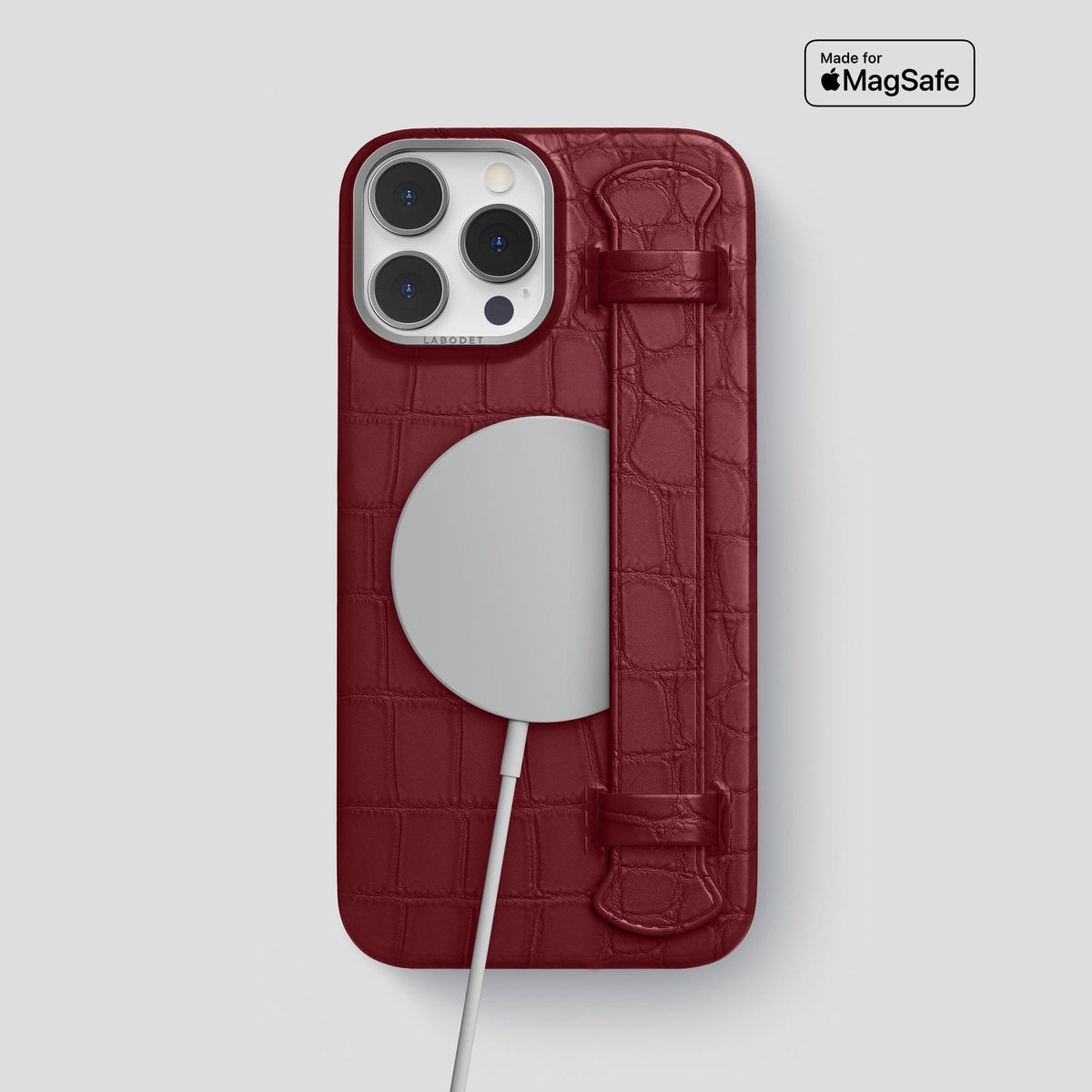 Burgundy iPhone 14 Pro Max Strap Case Alligator with Steel Metal -4 | Burgundy-Steel