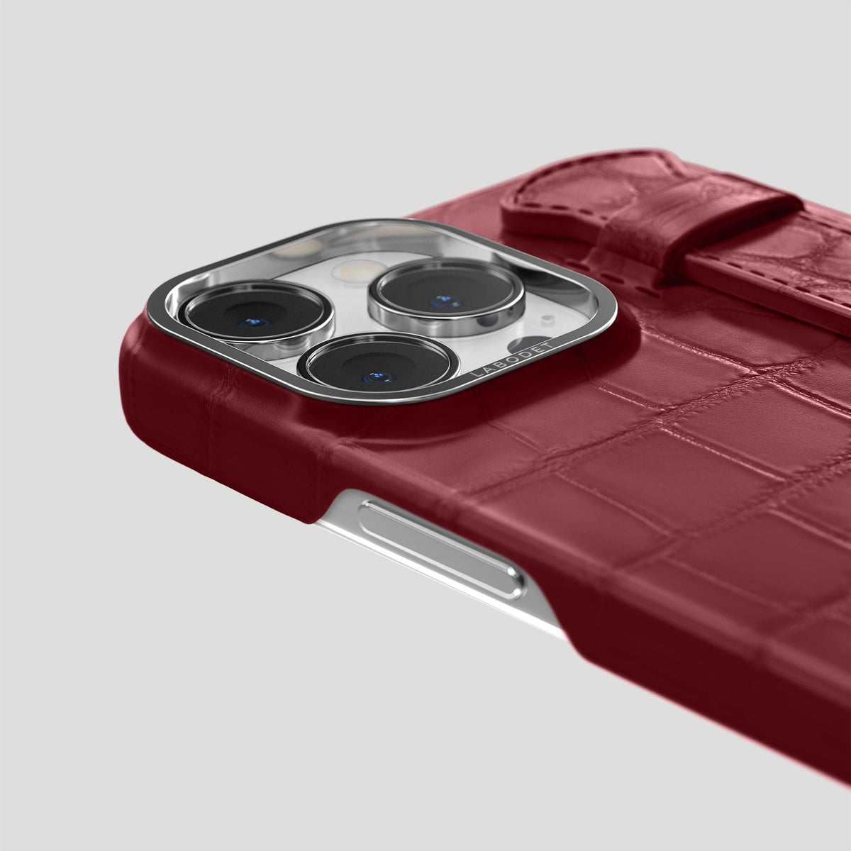 Burgundy iPhone 14 Pro Max Strap Case Alligator with Steel Metal -5 | Burgundy-Steel