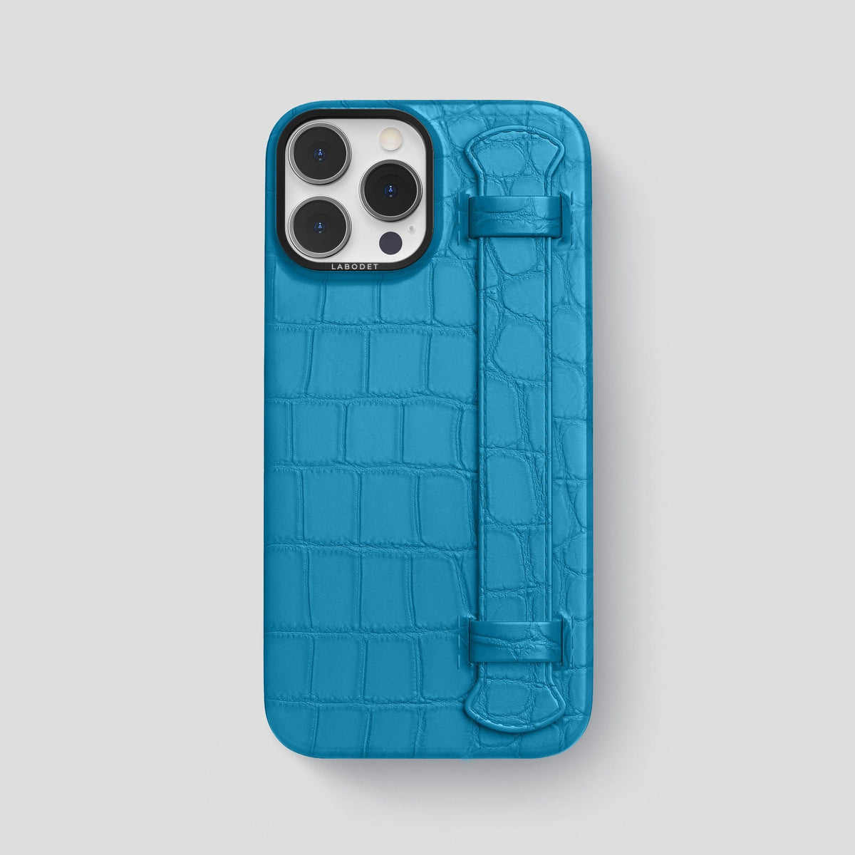 Curaçao-Blue iPhone 14 Pro Max Strap Case Alligator with Black Metal -1 | Curaçao-Blue-Black