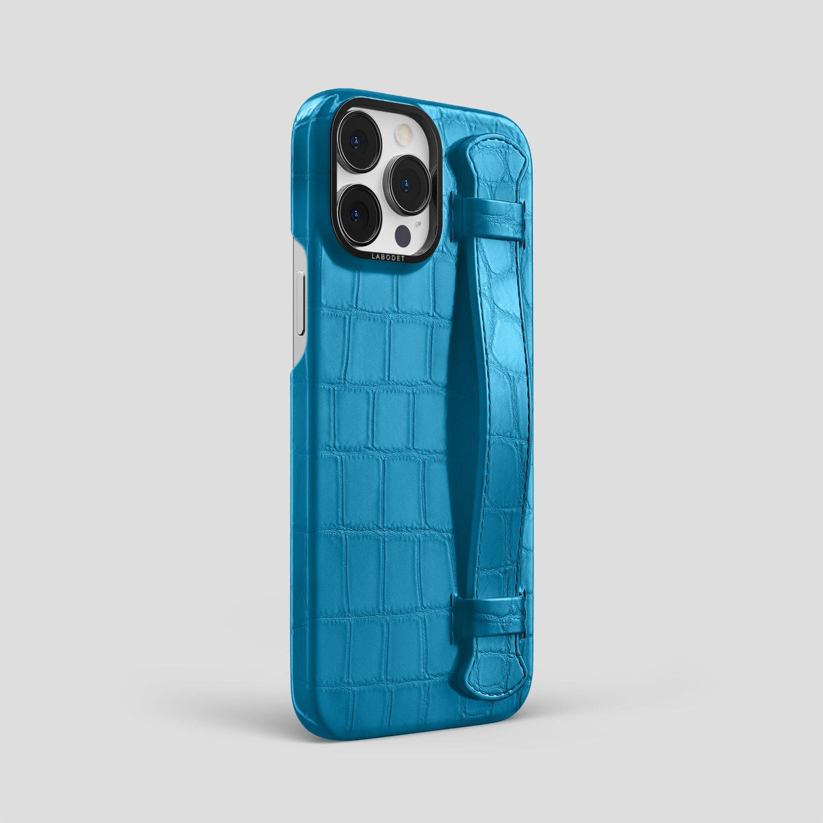 Curaçao-Blue iPhone 14 Pro Max Strap Case Alligator with Black Metal -2 | Curaçao-Blue-Black