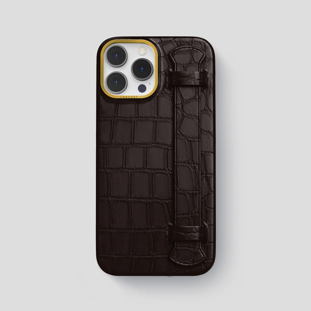 Dark Brown iPhone 14 Pro Max Strap Case Alligator with Gold Metal -1 | Dark-Brown-Gold