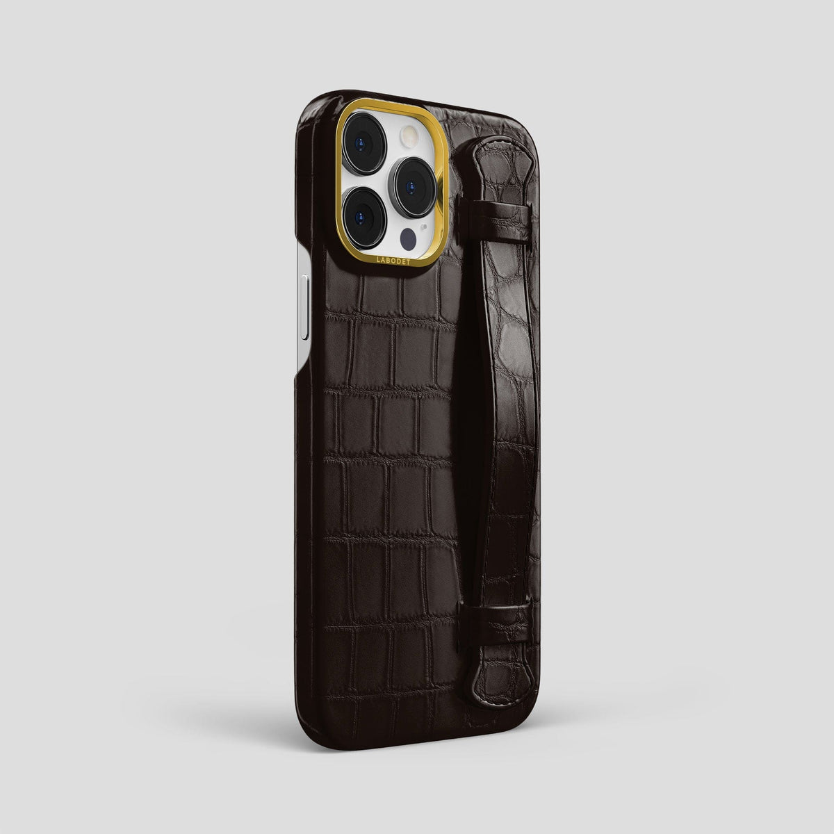 Dark Brown iPhone 14 Pro Max Strap Case Alligator with Gold Metal -2 | Dark-Brown-Gold