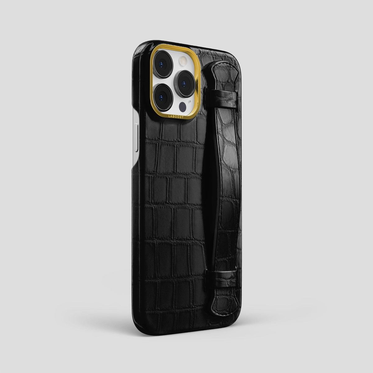 Black iPhone 14 Pro Max Strap Case Alligator with Gold Metal -2 | Black-Gold
