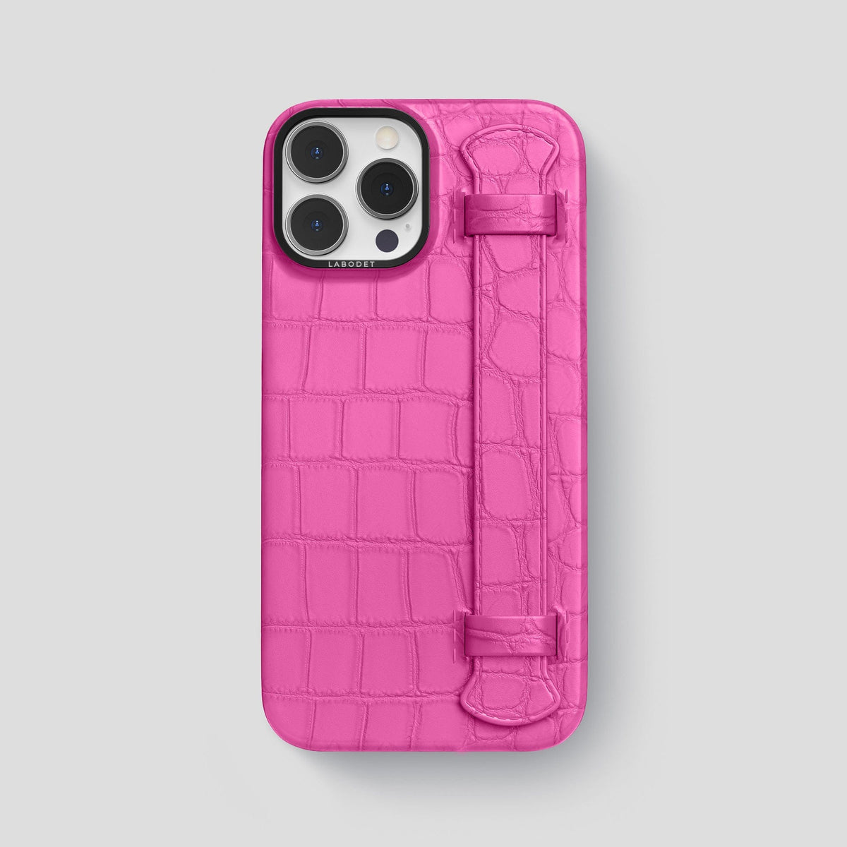 Fuchsia iPhone 14 Pro Max Strap Case Alligator with Black Metal -1 | Fuchsia-Black