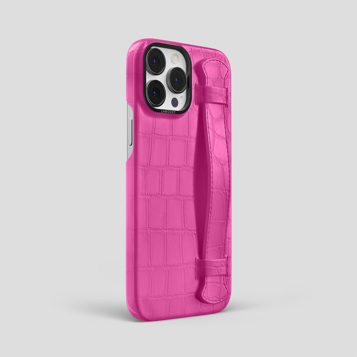 Fuchsia iPhone 14 Pro Max Strap Case Alligator with Black Metal -2 | Fuchsia-Black