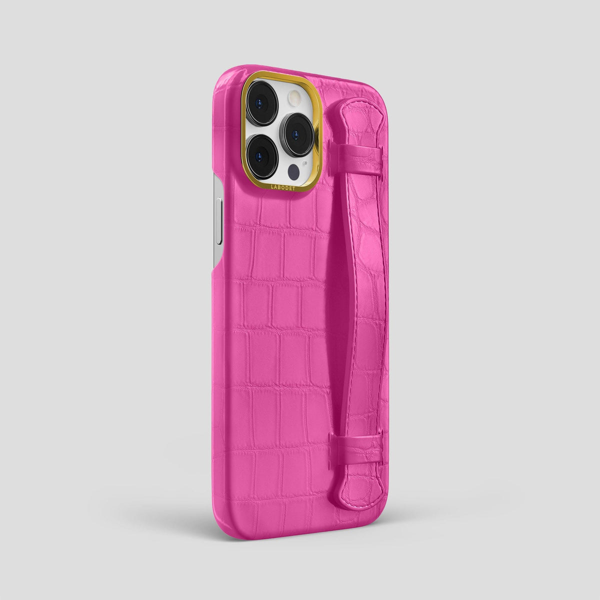 Fuchsia iPhone 14 Pro Max Strap Case Alligator with Gold Metal -2 | Fuchsia-Gold