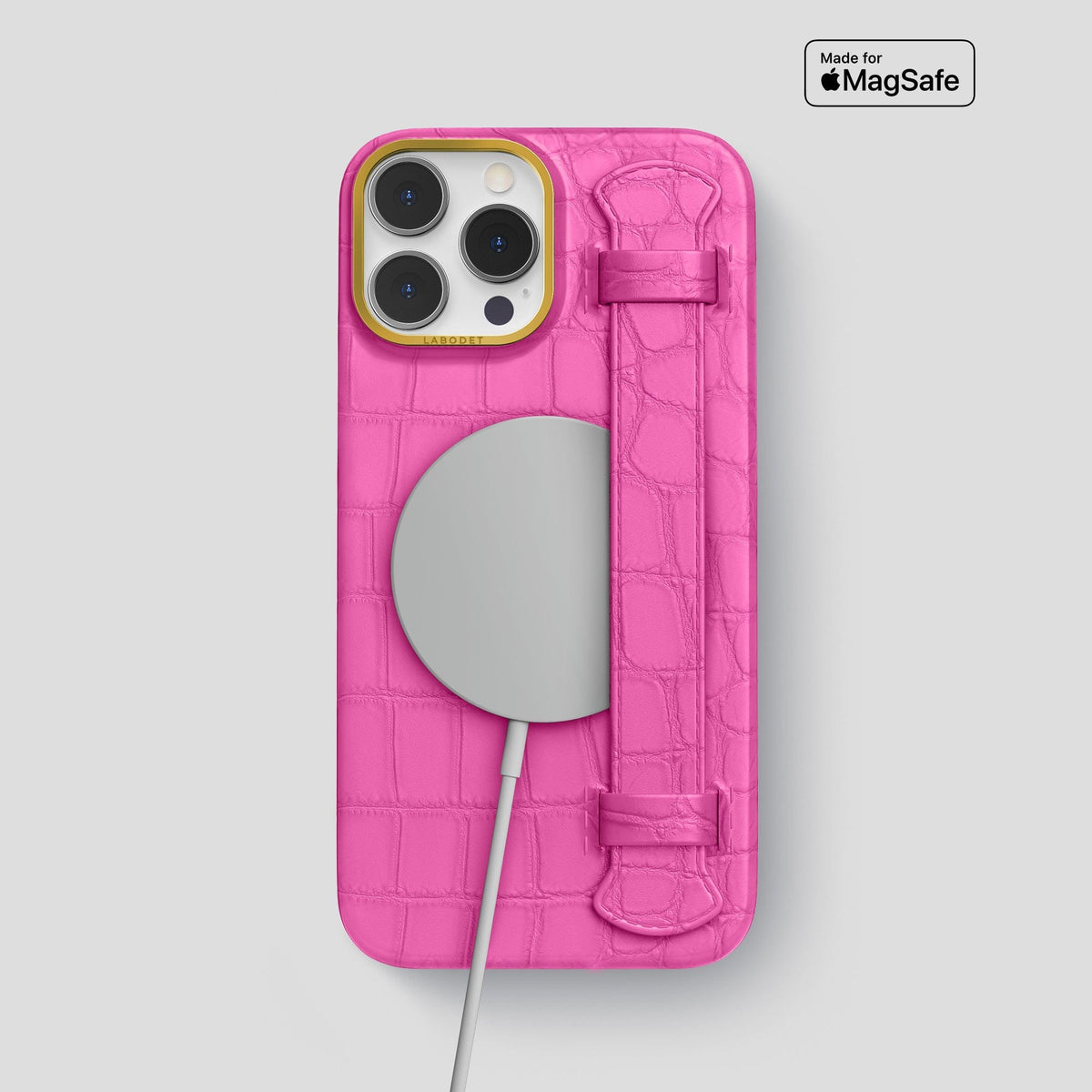 Fuchsia iPhone 14 Pro Max Strap Case Alligator with Gold Metal -4 | Fuchsia-Gold