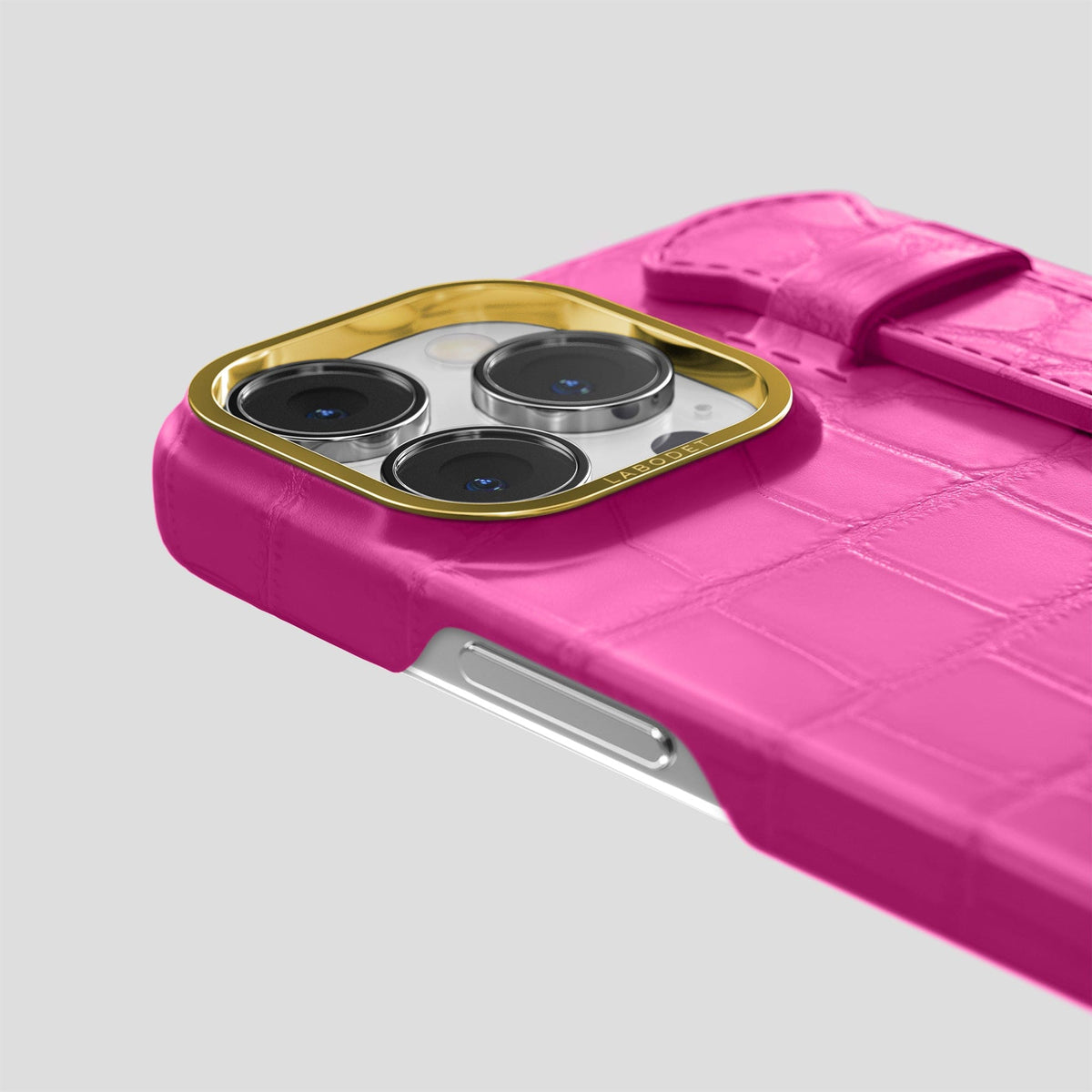 Fuchsia iPhone 14 Pro Max Strap Case Alligator with Gold Metal -5 | Fuchsia-Gold