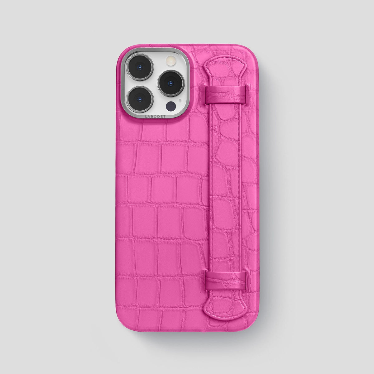 Fuchsia iPhone 14 Pro Max Strap Case Alligator with Steel Metal -1 | Fuchsia-Steel