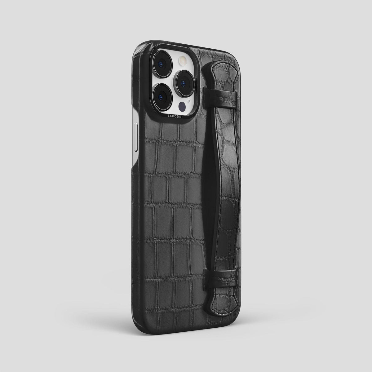 Grey iPhone 14 Pro Max Strap Case Alligator with Black Metal -2 | Grey-Black