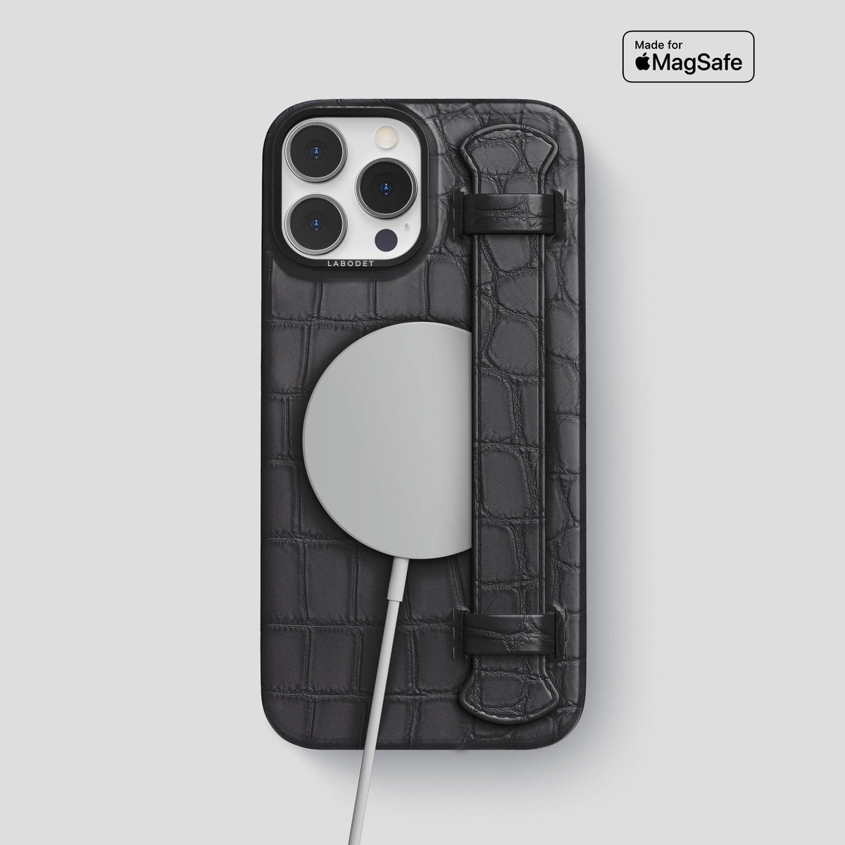 Grey iPhone 14 Pro Max Strap Case Alligator with Black Metal -4 | Grey-Black