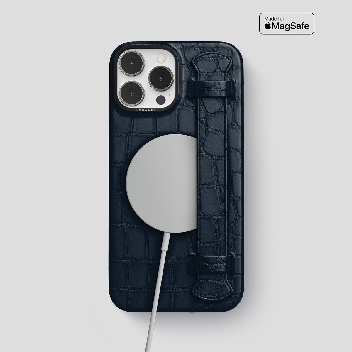 Navy Blue iPhone 14 Pro Max Strap Case Alligator with Black Metal -4 | Navy-Blue-Black