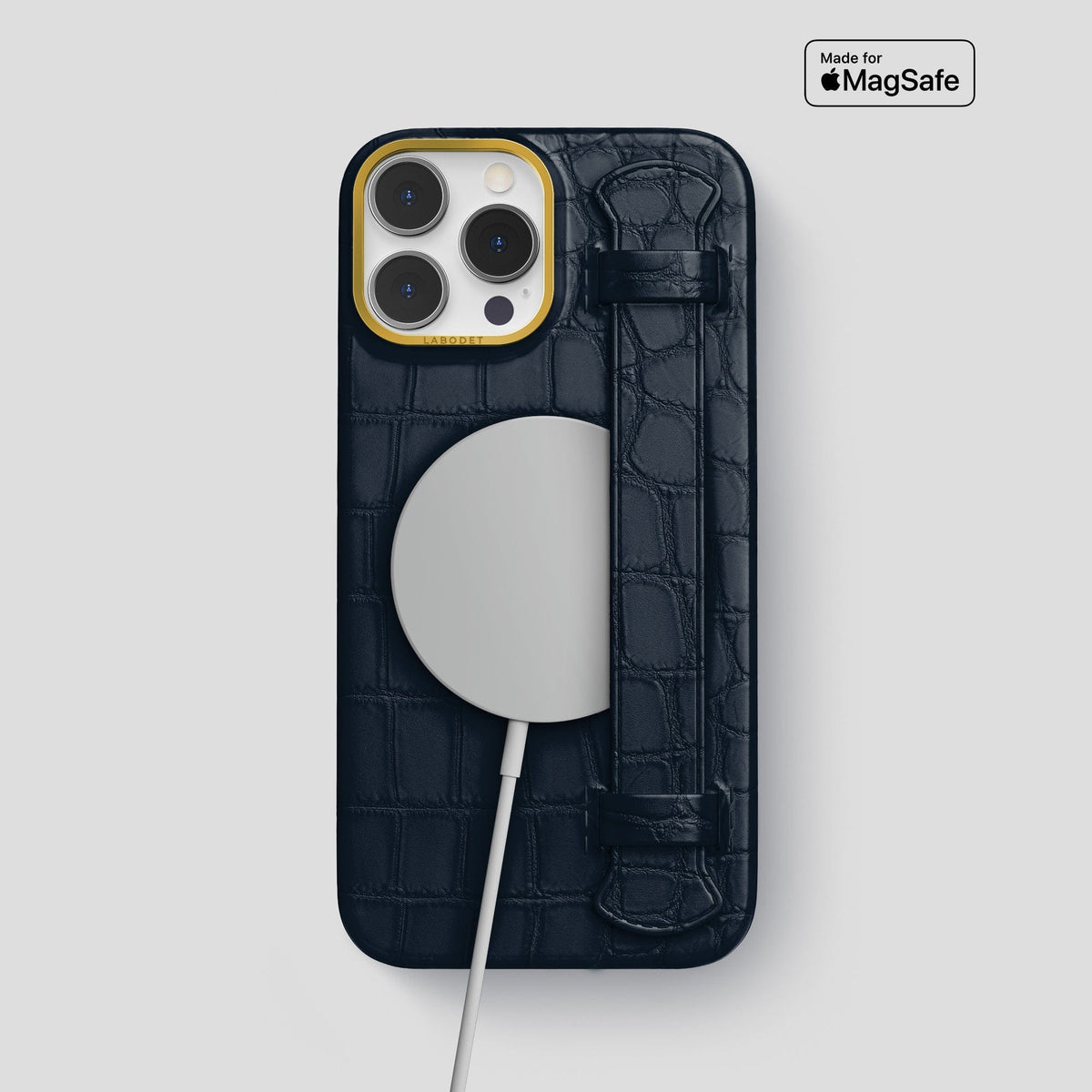 Navy Blue iPhone 14 Pro Max Strap Case Alligator with Gold Metal -4 | Navy-Blue-Gold