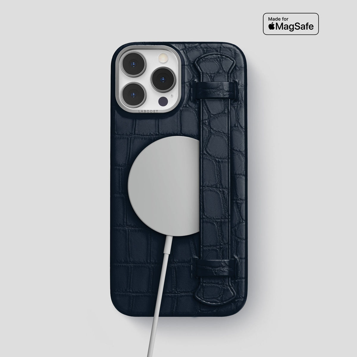 Navy Blue iPhone 14 Pro Max Strap Case Alligator with Steel Metal -4 | Navy-Blue-Steel
