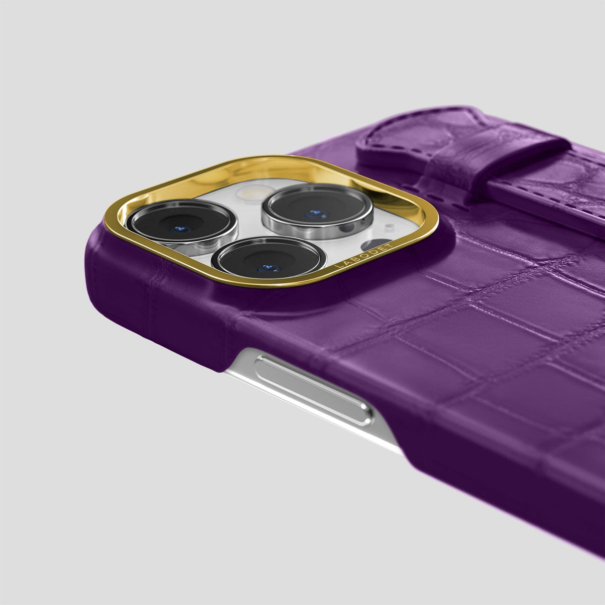 Purple iPhone 14 Pro Max Strap Case Alligator with Gold Metal -5 | Purple-Gold