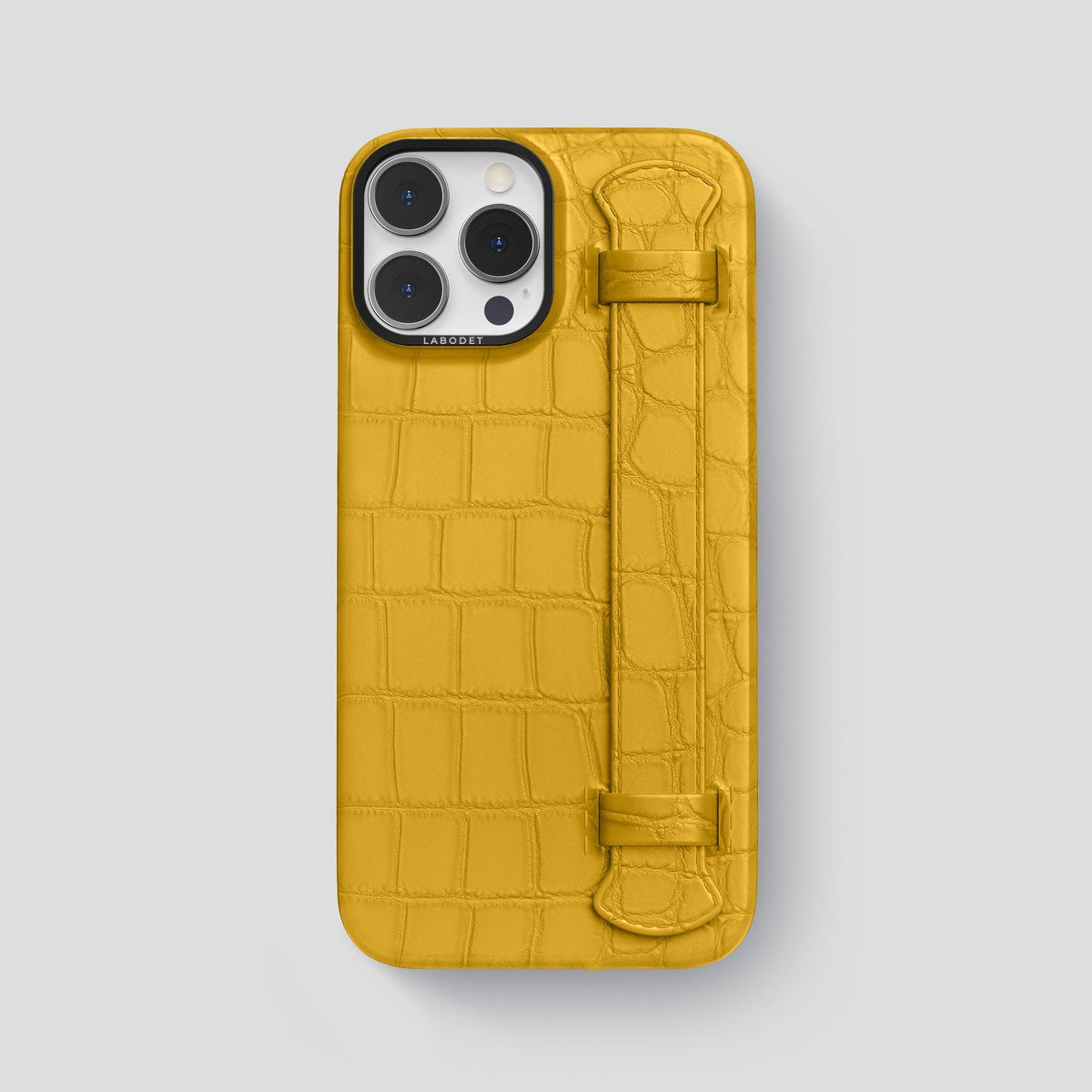 Yellow iPhone 14 Pro Max Strap Case Alligator with Black Metal -1 | Yellow-Black
