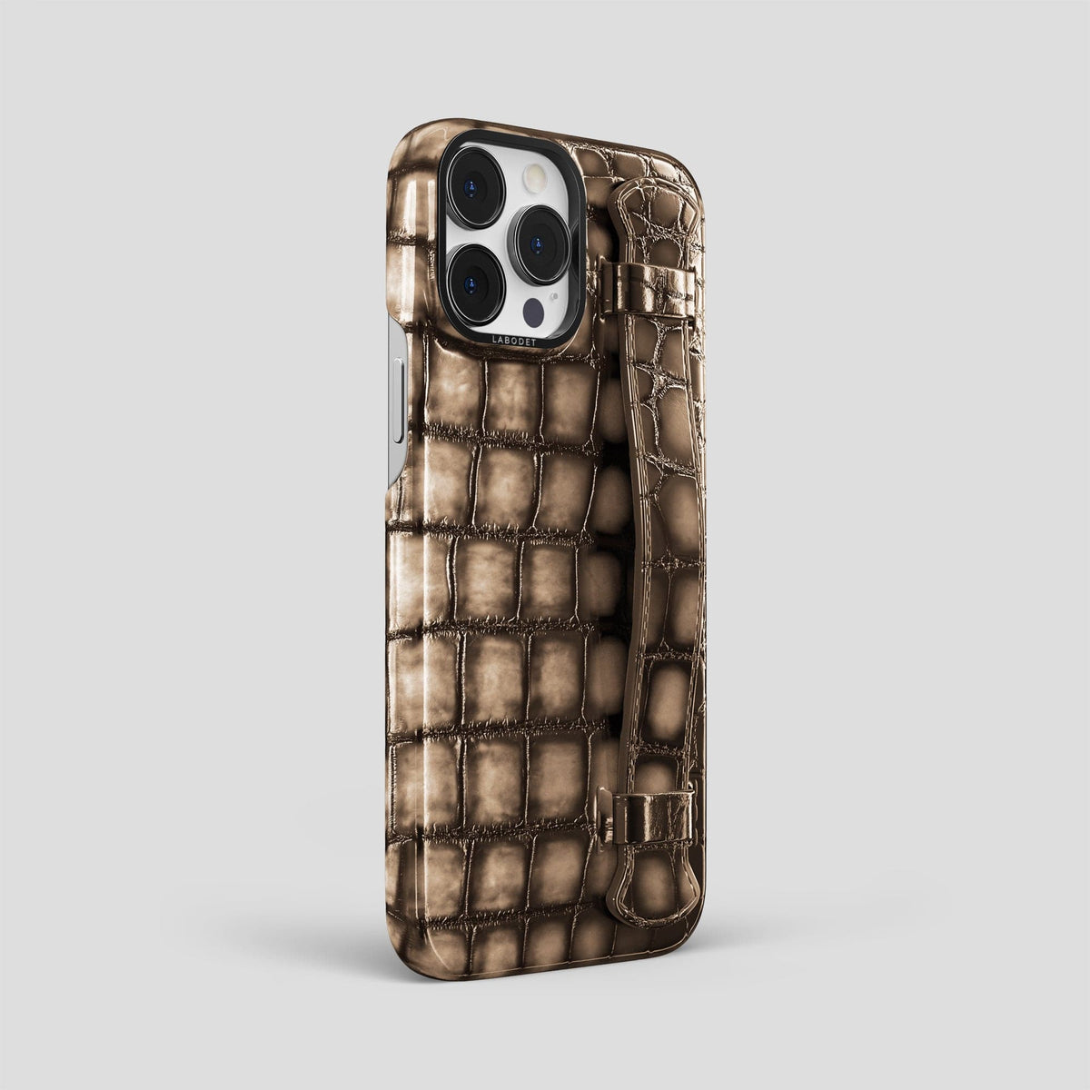 Etoupe iPhone 15 Pro Max Strap Case Patina Alligator with Black Metal -2 | Etoupe-Black