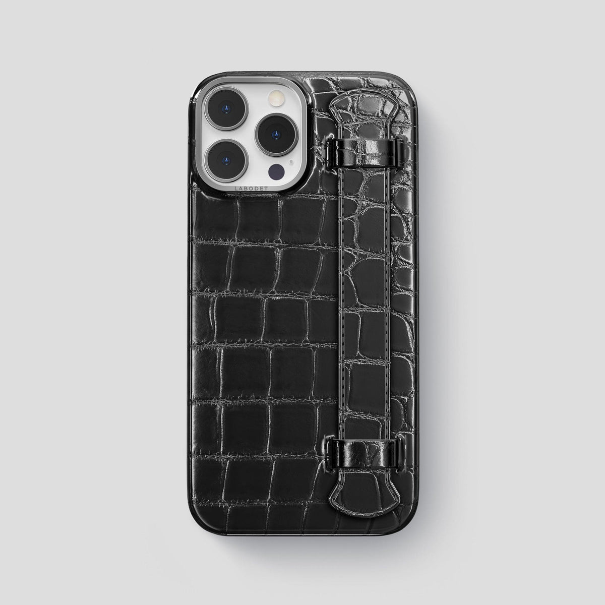 Havana-Black iPhone 15 Pro Max Strap Case Patina Alligator with Steel Metal -1 | Havana-Black-Steel