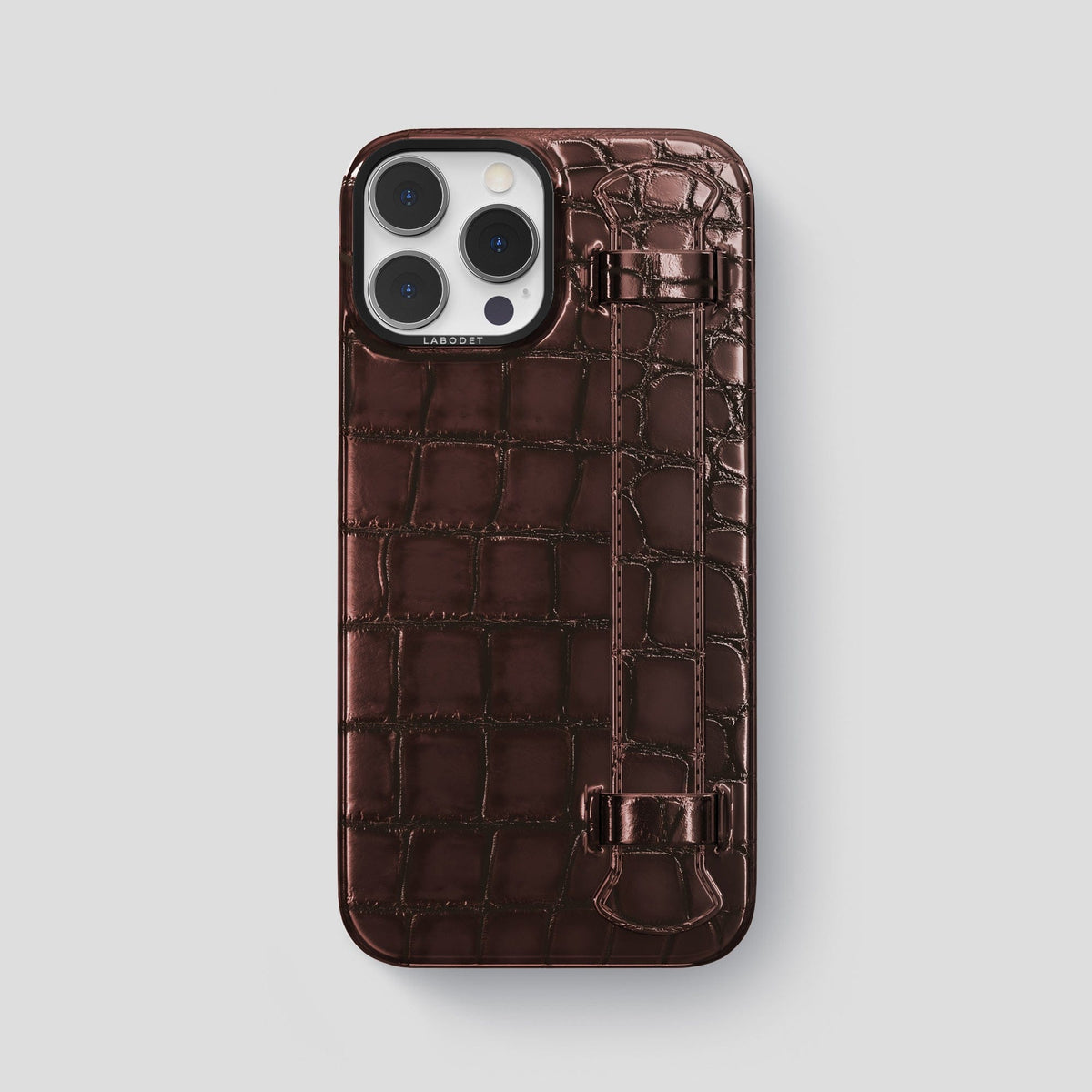 Grape-Wine iPhone 15 Pro Max Strap Case Patina Alligator with Black Metal -1 | Grape-Wine-Black