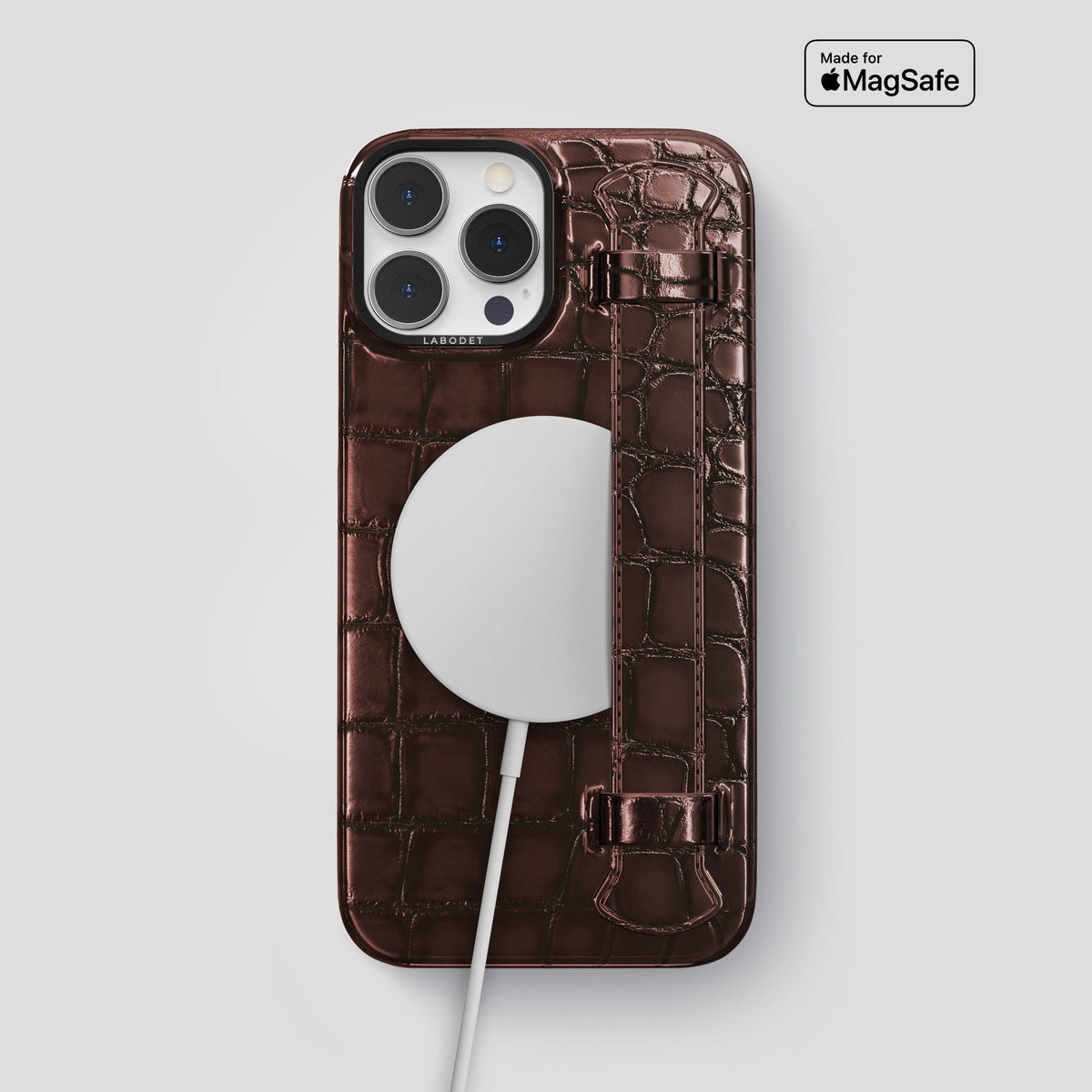 Grape-Wine iPhone 15 Pro Max Strap Case Patina Alligator with Black Metal -5 | Grape-Wine-Black