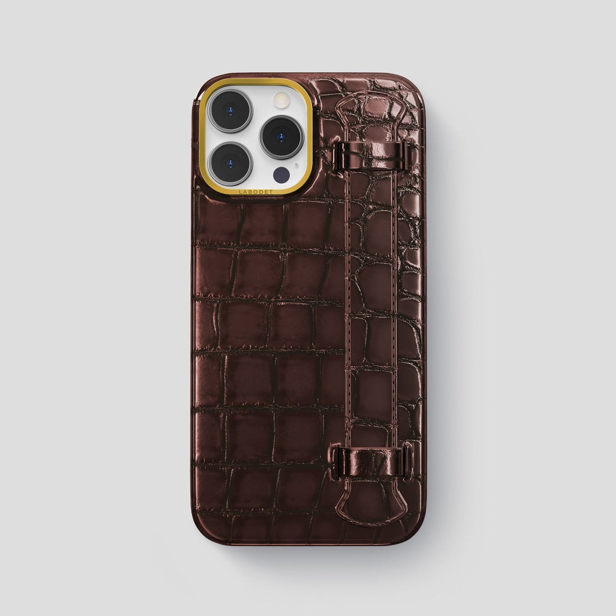 Grape-Wine iPhone 15 Pro Max Strap Case Patina Alligator with Gold Metal -1 | Grape-Wine-Gold