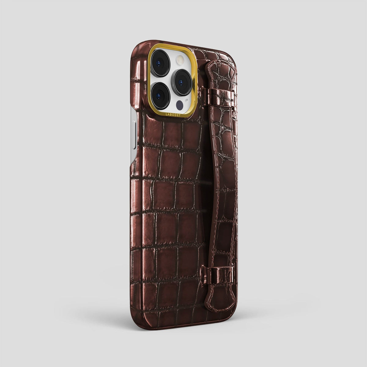 Grape-Wine iPhone 15 Pro Max Strap Case Patina Alligator with Gold Metal -2 | Grape-Wine-Gold