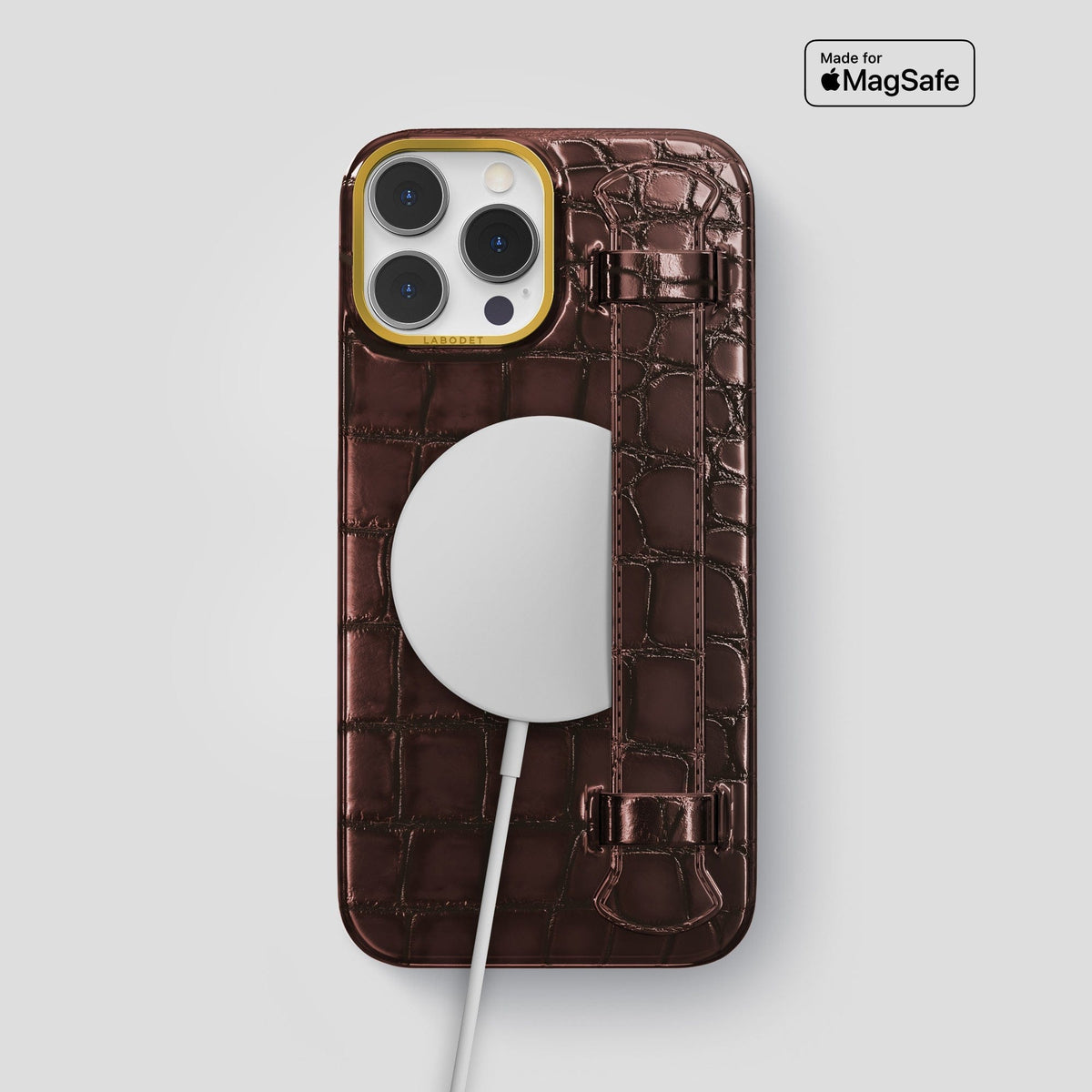 Grape-Wine iPhone 15 Pro Max Strap Case Patina Alligator with Gold Metal -5 | Grape-Wine-Gold