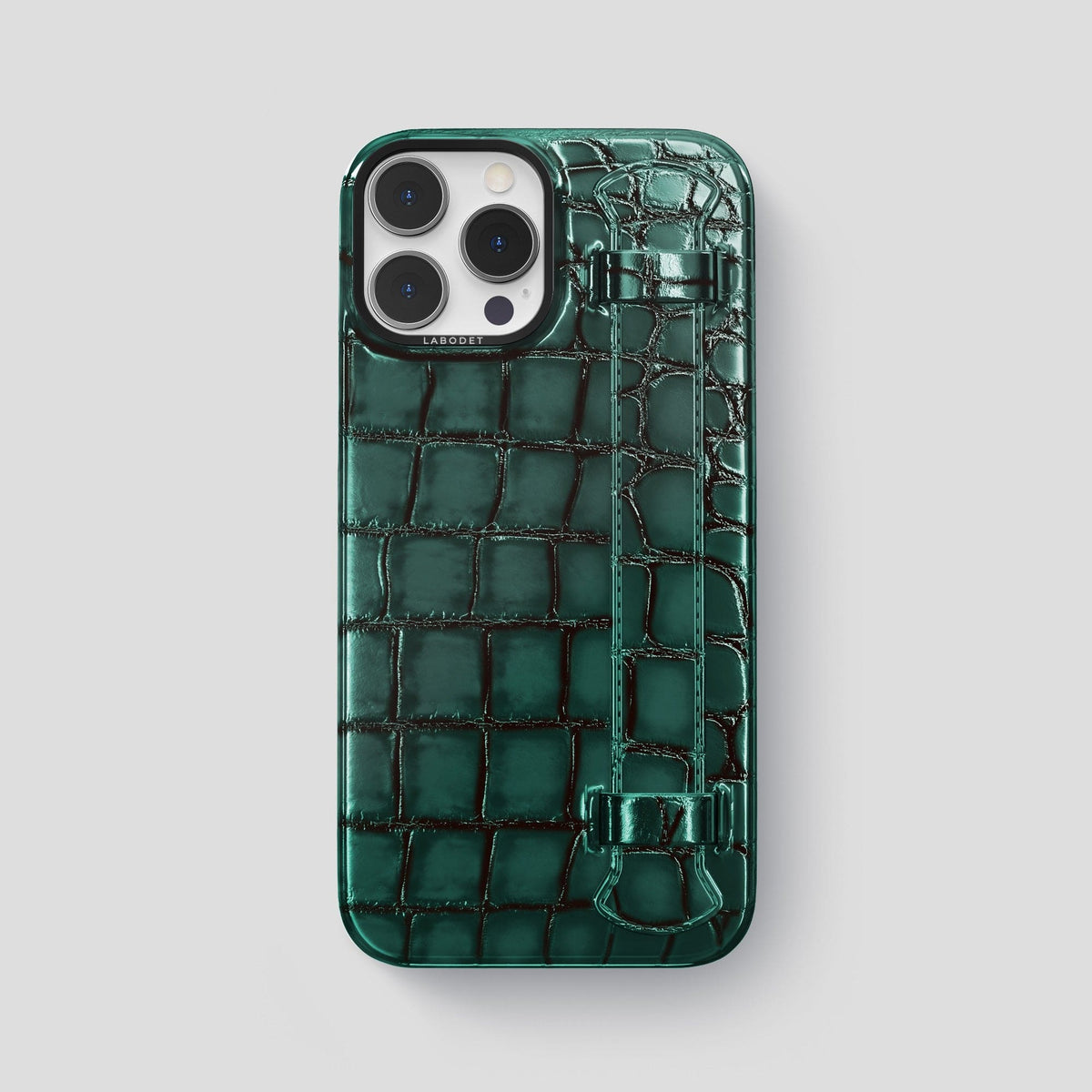 Green iPhone 15 Pro Max Strap Case Patina Alligator with Black Metal -1 | Green-Black