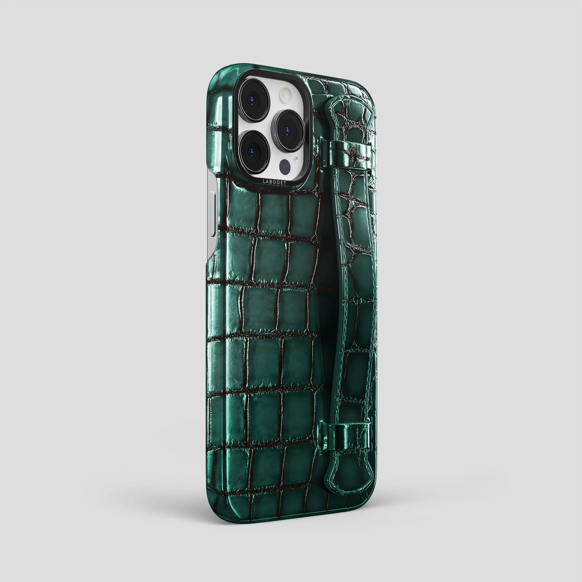 Green iPhone 15 Pro Max Strap Case Patina Alligator with Black Metal -2 | Green-Black