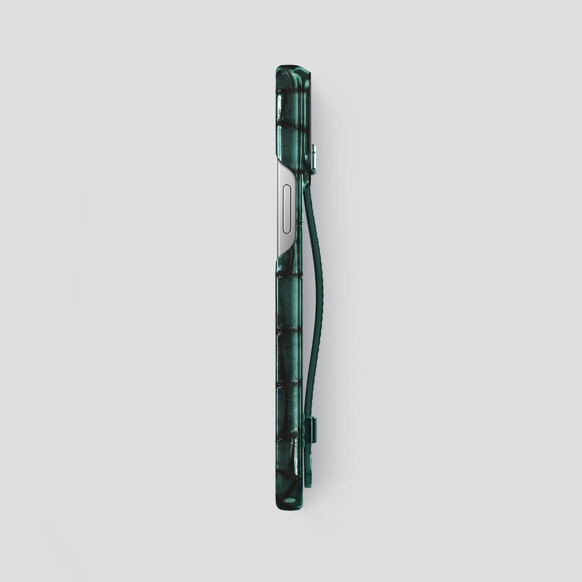 Green iPhone 15 Pro Max Strap Case Patina Alligator with Black Metal -3 | Green-Black
