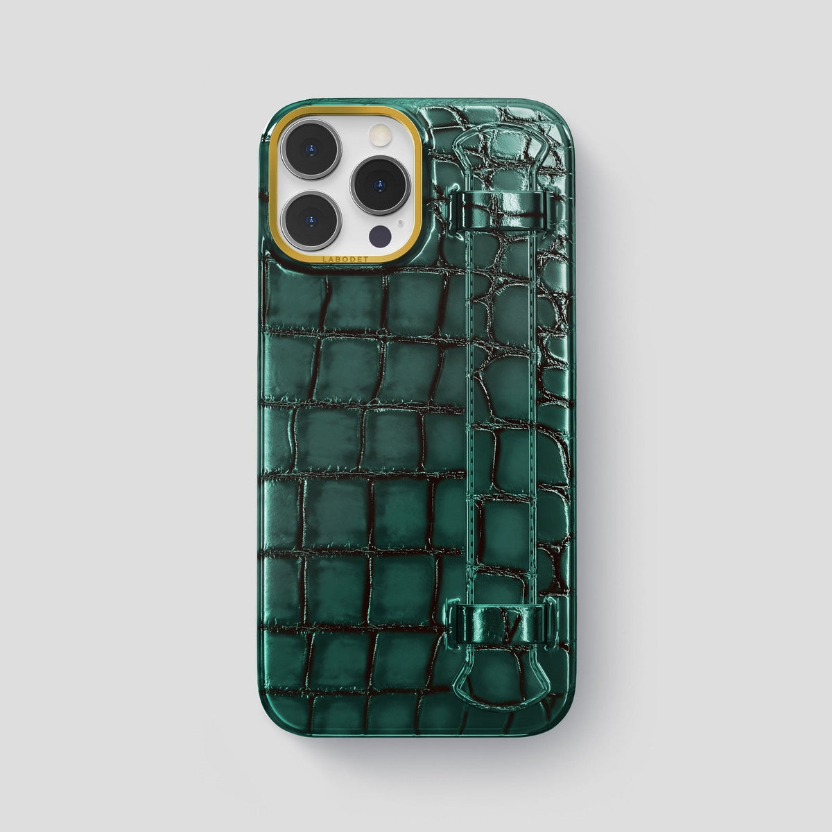 Green iPhone 15 Pro Max Strap Case Patina Alligator with Gold Metal -1 | Green-Gold