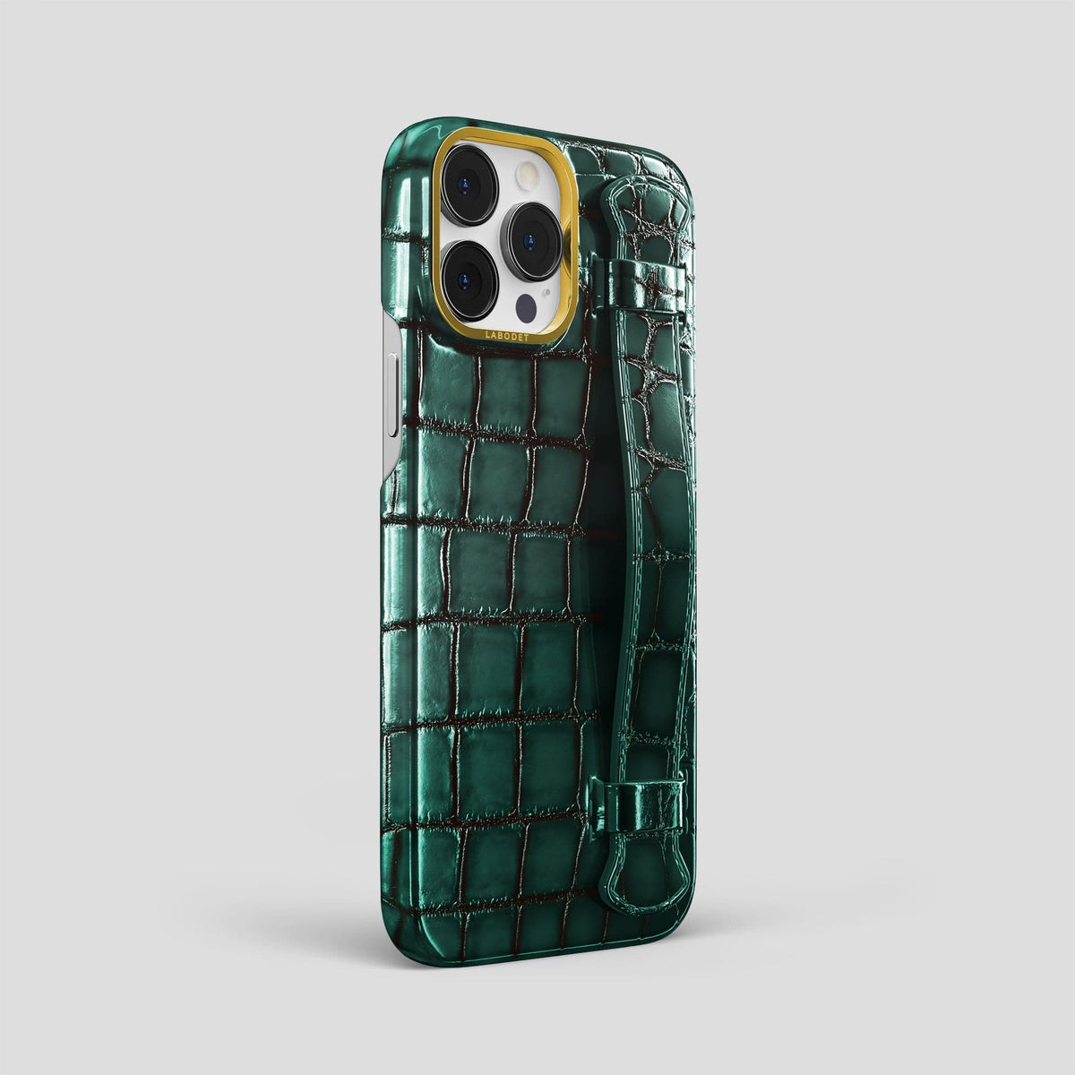 Green iPhone 15 Pro Max Strap Case Patina Alligator with Gold Metal -2 | Green-Gold