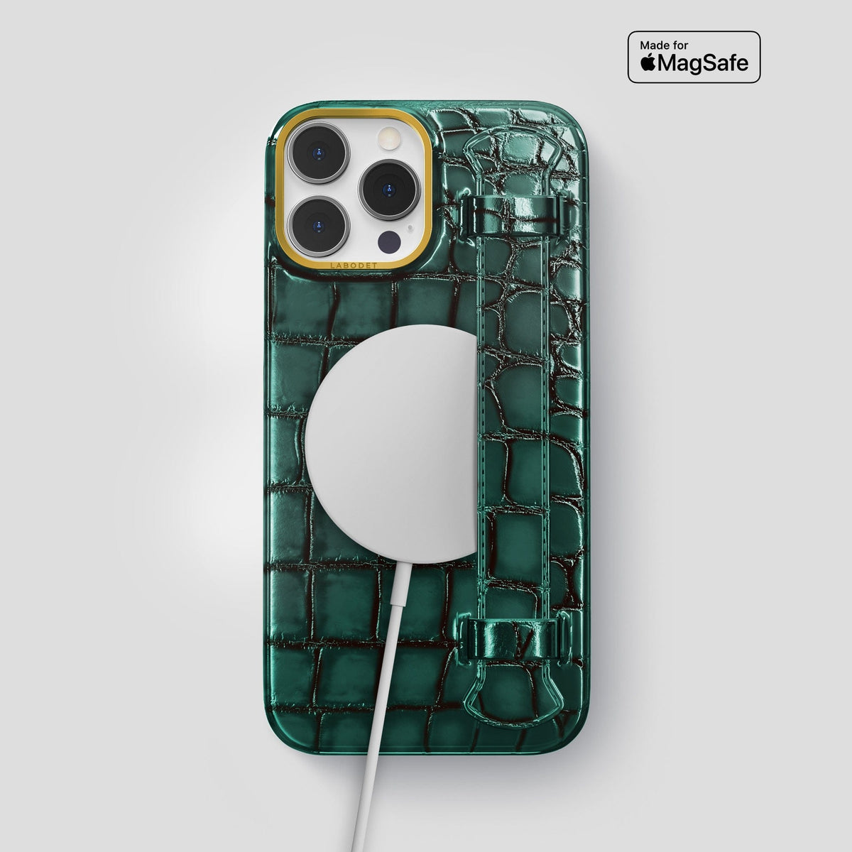 Green iPhone 15 Pro Max Strap Case Patina Alligator with Gold Metal -5 | Green-Gold