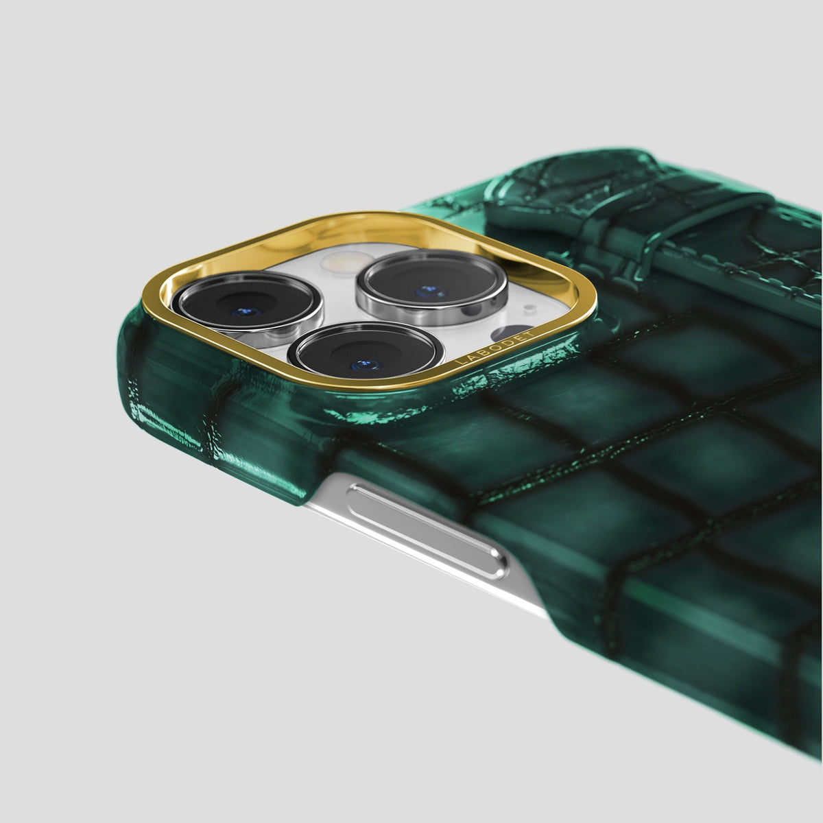 Green iPhone 15 Pro Max Strap Case Patina Alligator with Gold Metal -6 | Green-Gold