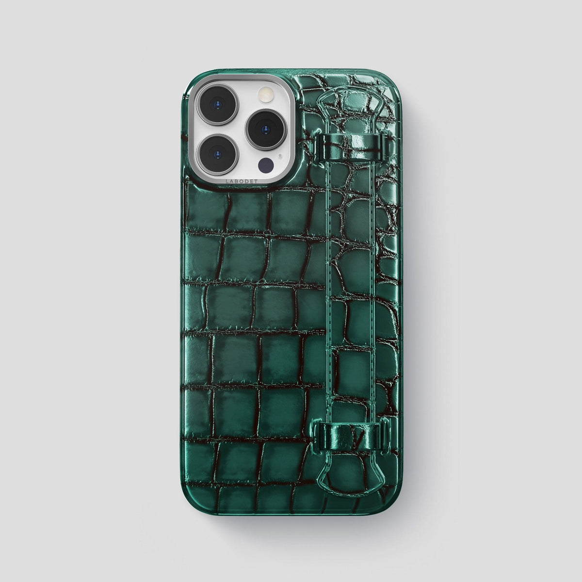 Green iPhone 15 Pro Max Strap Case Patina Alligator with Steel Metal -1 | Green-Steel