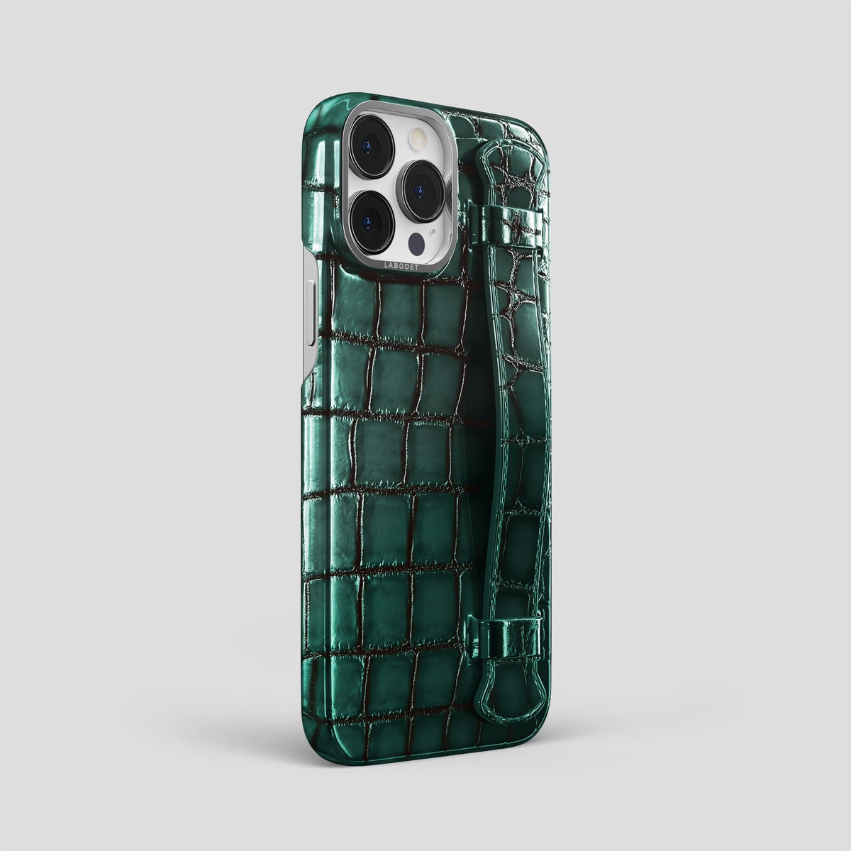 Green iPhone 15 Pro Max Strap Case Patina Alligator with Steel Metal -2 | Green-Steel